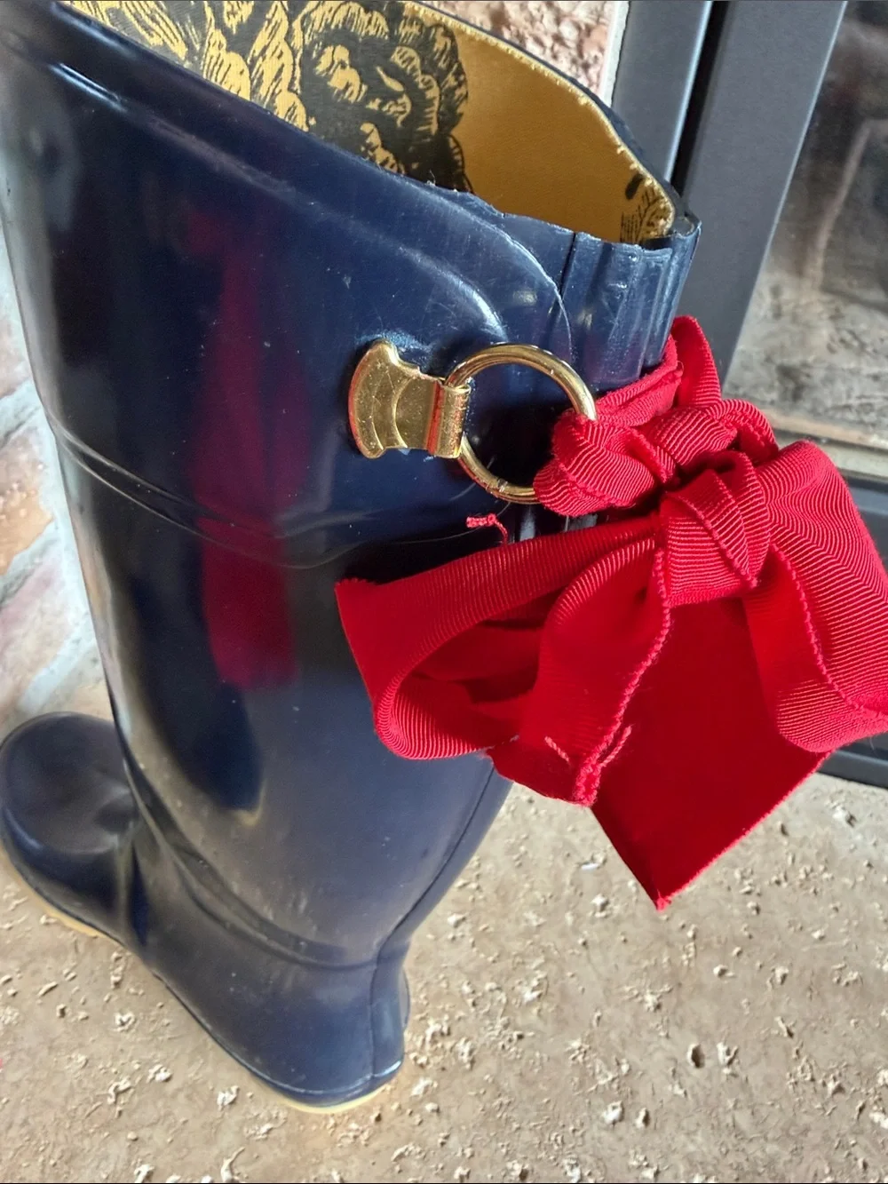 Joules Gloss Navy Tall Rain Boots with Gold Plaque Red Bows Gold Interior sz 7